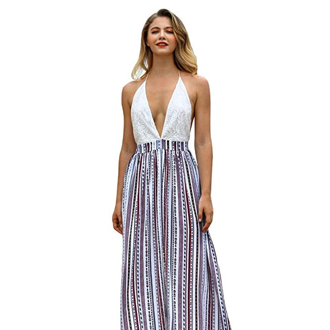 ARON BOSS Women's Summer Backless Deep V Neck Split Lace Stripe Sexy Beach Long Dress